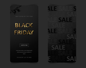 Black Friday sale poster. Stories template and mobile app background. Commercial discount event banner.