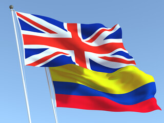 The flags of United Kingdom and Colombia on the blue sky. For news, reportage, business. 3d illustration