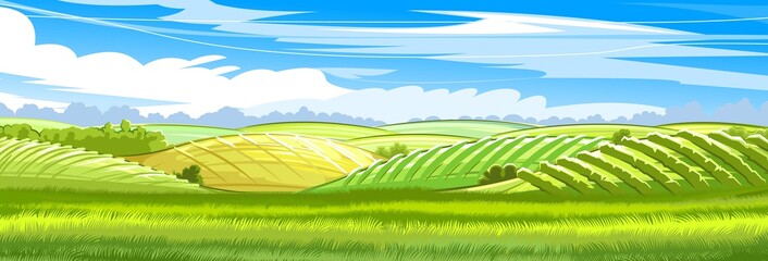Rural hills. Scenery. Vector. Pasture grass for cows and a place for a vegetable garden and farm. Meadows and trees. Horizon. Beautiful view. Summer.