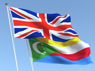 The flags of United Kingdom and Comoros on the blue sky. For news, reportage, business. 3d illustration