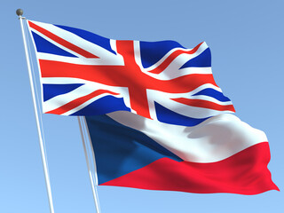 The flags of United Kingdom and Czech Republic on the blue sky. For news, reportage, business. 3d illustration