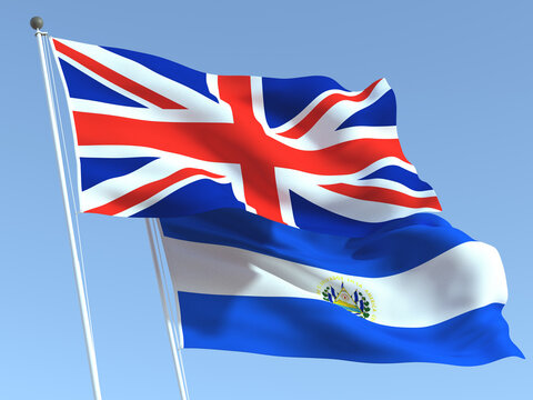 The flags of United Kingdom and El Salvador on the blue sky. For news, reportage, business. 3d illustration