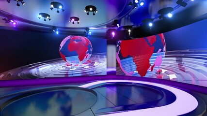 3D virtual news studio with giant screens in the background with bright lights and ground shine with reflections.