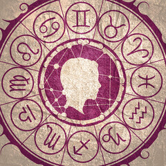Mystical geometry symbol. Linear alchemy, occult, philosophical sign. Astrology and religion concept. Outline silhouette of human head. Zodiac circle