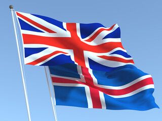The flags of United Kingdom and Iceland on the blue sky. For news, reportage, business. 3d illustration