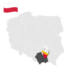 Location of  Lesser Poland Province on map Poland. 3d location sign similar to the flag of Lesser Poland. Quality map  with  provinces of  Poland for your design. EPS10.
