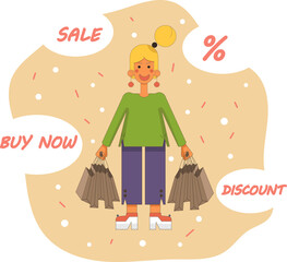 Vector illustration of a young happy woman with shopping packages on the background of the text: sale, buy, discount. Illustration in the style of a cartoon. It can be used for websites, books