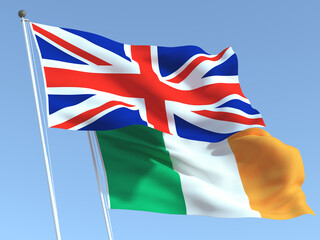 The flags of United Kingdom and Ireland on the blue sky. For news, reportage, business. 3d illustration