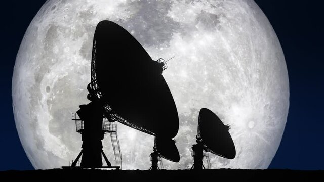 Three Radio Telescopes with Giant Moon in Background Time lapse - 3D Illustration Animation.  Moon Image Courtesy of NASA.