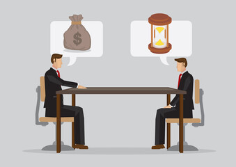 Cartoon employer demand for more revenue from his employee. He reply that he need more time. Concept of business relationship. Vector illustration for ambiguous instructions.