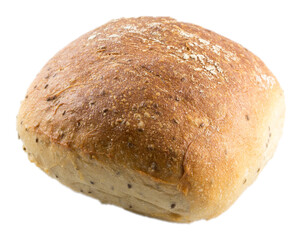 Frische Roggen-Dinkel-Chia-Brötchen aus der Backstube. Freigestellt, keine Schatten.