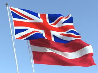 The flags of United Kingdom and Latvia on the blue sky. For news, reportage, business. 3d illustration