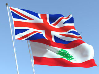 The flags of United Kingdom and Lebanon on the blue sky. For news, reportage, business. 3d illustration