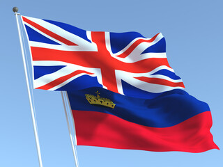 The flags of United Kingdom and Liechtenstein on the blue sky. For news, reportage, business. 3d illustration