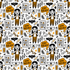 Seamless pattern with Witch vampire with potion and dry twig, in striped pants and shirt. Inscription: Stay weird. It can be used for packaging, wrapping paper, textile, home decor etc.