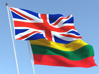 The flags of United Kingdom and Lithuania on the blue sky. For news, reportage, business. 3d illustration
