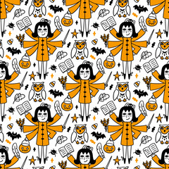Seamless pattern with Mystical Witch with six arms and with Holiday attributes. Beautiful print for Halloween. It can be used for packaging, wrapping paper, textile, home decor etc. 