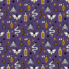 Magic pattern with snakes, herbs, stars, moth, bug, potion in bottles. Beautiful fabric print. It can be used for packaging, wrapping paper, textile, home decor etc. 