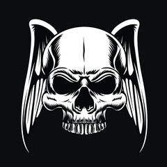 skull with wings black and white handrawn