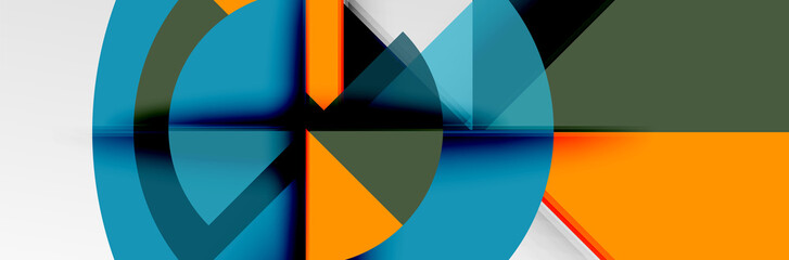 Bright color circles, abstract round shapes and triangles composition with shadow effects. Vector modern geometric design template