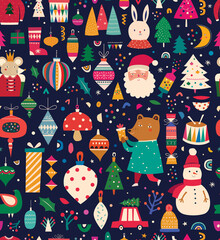 Vintage Red Christmas vector seamless pattern with Santa Claus, Christmas tree, King Mouse, Snowman and Christmas toys, gifts and Bear