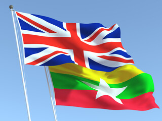 The flags of United Kingdom and Myanmar on the blue sky. For news, reportage, business. 3d illustration