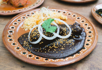mole with chicken and rice, food with traditional Mexican sauce and sesame seeds