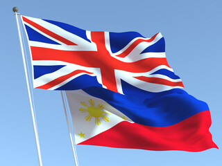 The flags of United Kingdom and Philippines on the blue sky. For news, reportage, business. 3d illustration