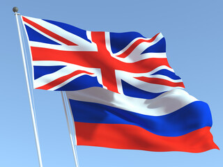The flags of United Kingdom and Russia on the blue sky. For news, reportage, business. 3d illustration