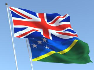 The flags of United Kingdom and Solomon Islands on the blue sky. For news, reportage, business. 3d illustration