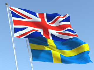 The flags of United Kingdom and Sweden on the blue sky. For news, reportage, business. 3d illustration