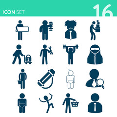 Simple set of 16 icons related to carrying
