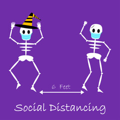 A social distanced Halloween.Skeletons with arrow distance between.Covid-19 epidemic protective on square background.Vector and illustration.