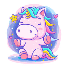 Lovely cute unicorn sits and smile