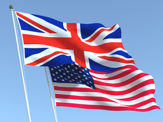 The flags of United Kingdom and United States on the blue sky. For news, reportage, business. 3d illustration