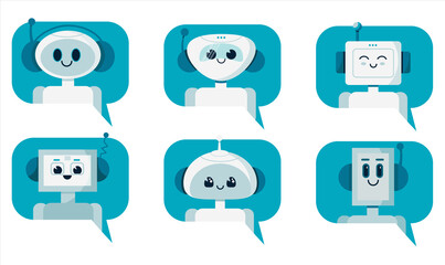Set of smiling cute robot chat bots in speech bubble. Support service concept. Vector cartoon flat illustration isolated on white background.