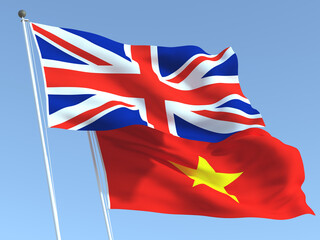 The flags of United Kingdom and Vietnam on the blue sky. For news, reportage, business. 3d illustration