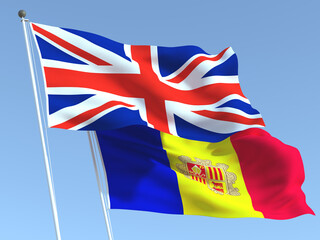 The flags of United Kingdom and Andorra on the blue sky. For news, reportage, business. 3d illustration