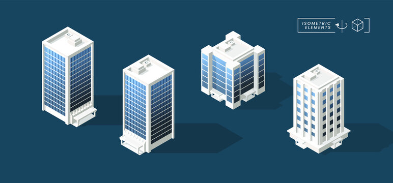 Set of Isometric High Quality City Building with Shadows on Black Background . Isolated Vector Elements