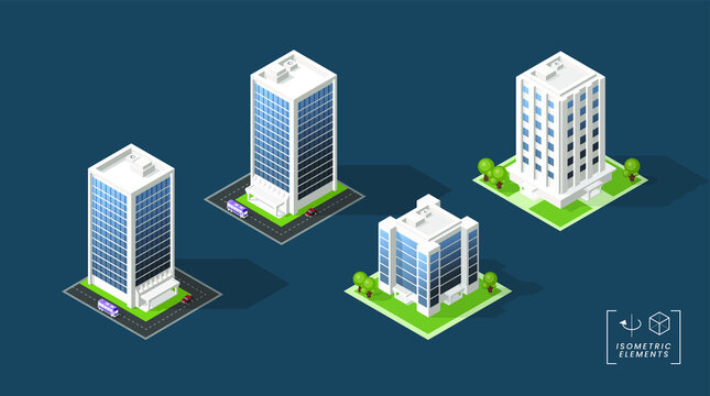 Set of Isometric High Quality City Building with Shadows on Black Background . Isolated Vector Elements