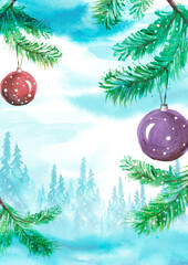 Watercolor branch of spruce, pine with red New Year's toy ball. Drawing on the isolation of a white background. Symbol of the new year. Christmas Tree.Misty forest, haze. wood on a snowy slope.