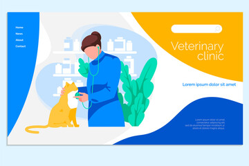 Veterinary clinic landing page template. Veterinarian examining cat with stethoscope. Animal protection and pet healthcare. Domestic animal careness flat vector illustration