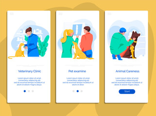 Veterinary clinic mobile app onboarding screen set. Veterinarians examining cat and dog, pet animals healthcare service. Domestic animal careness website or web page templates flat vector illustration