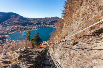 Como, Italy, February 12, 2020. Scenic view of Lake Como and its shores from the cable car cabin