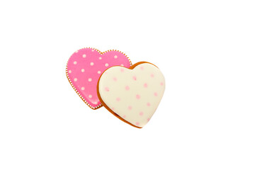 background from pink cookies heart shaped with different patterns, isolated