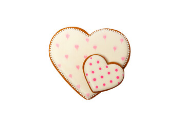 Background from pink cookies heart shaped with different patterns, isolated