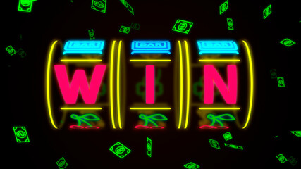 neon casino slot machine spinning, money flying after win combination. Illustration