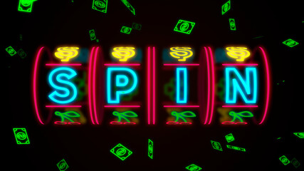 neon casino slot machine spinning, money flying after win combination. Illustration