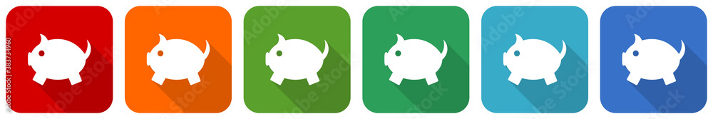 Aufkleber Piggy bank icon set, flat design vector illustration in 6 colors options for webdesign and mobile applications