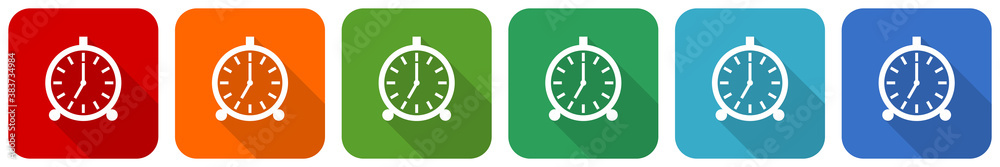 Poster Alarm icon set, flat design vector illustration in 6 colors options for webdesign and mobile applications